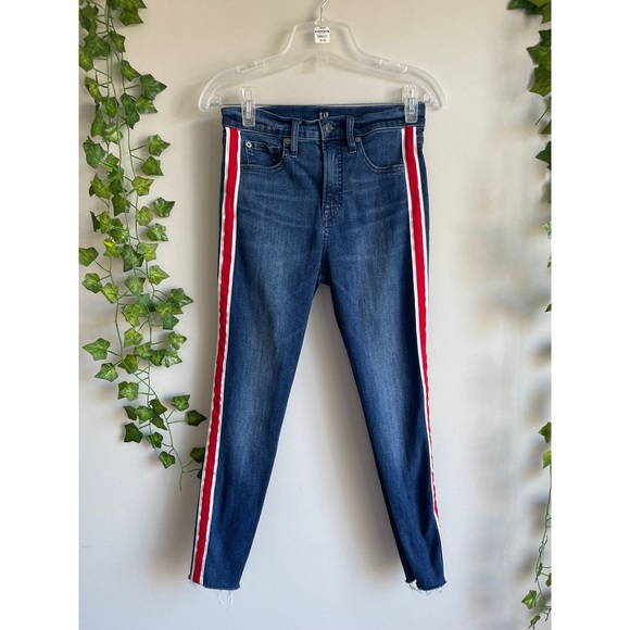 GAP Denim - 🌿 Gap True Skinny High Waisted Medium Wash Jeans with Red Stripe